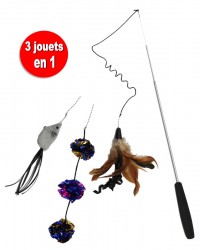 JOUET POUR CHAT CANNE A PÊCHE TELESCOPIQUE AVEC 3 JOUETS