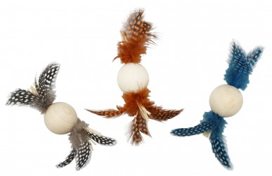 JOUET POUR CHAT BALLE BOIS AVEC PLUMES